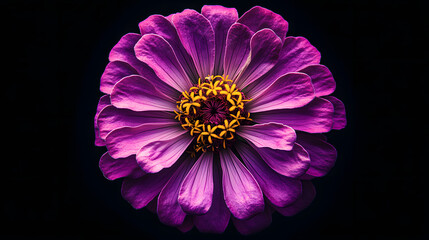 Photo of a purple zinnia flower with a yellow center
