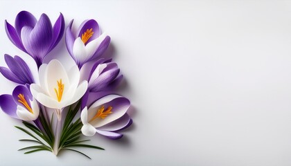 Naklejka premium violet and white flowers crocuses on a white background with space for text top view flat lay spring flowers