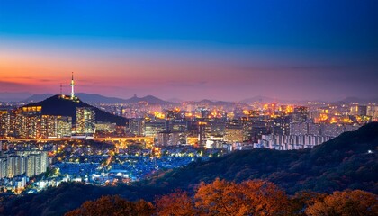 Obraz premium seoul city skyline and downtown and skyscraper at night is the best view and beautiful of south korea at namhansanseong mountain
