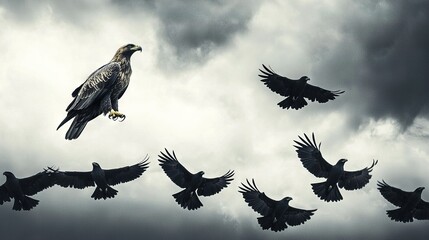 Fototapeta premium A bird flying with another bird on its arm and its wings spread wide open
