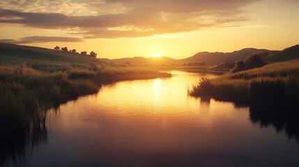 Lush countryside bathed in golden sunlight with calm flowing water