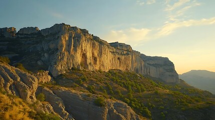 Golden sunset painting rugged mountain peaks with warm glowing evening light