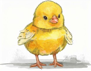 Obraz premium cute yellow chick standing on white background and looking curiously watercolor illustration