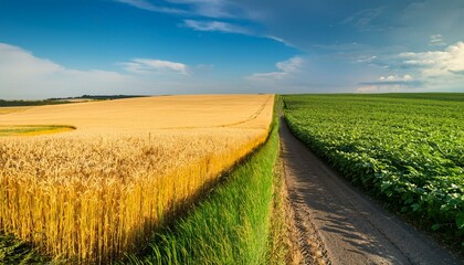 a field road between a green field of soybeans and a golden field of ripe barley beautiful summer panoramic agricultural landscape