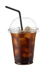 Refreshing iced coffee in plastic cup isolated on white