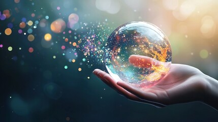  A person holds a clear crystal ball in front of a bright bokeh of light and twinkling stars