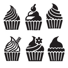Black silhouette cupcake Icon, muffin logo, Vector set of cupcakes isolated on a white background.