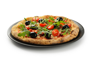 Tasty pizza with olives, tomatoes and arugula isolated on white