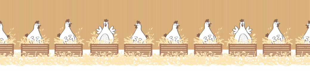 Funny chickens lay eggs in their chicken nests of the chicken coop, seamless vector pattern © cartoon-IT