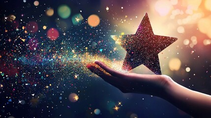   A clearer description would be a hand holding a star against a backdrop of starry skies and celebratory confetti