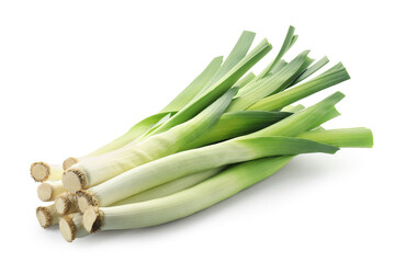 Fresh leeks isolated on white. Spicy vegetable