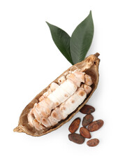 Cocoa pod with beans isolated on white, top view