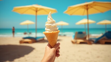 Hand holding ice cream cone on a sunny beach with umbrellas