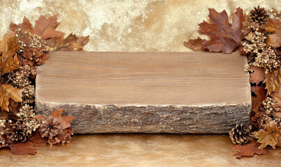 Rustic wooden table top surrounded by autumn leaves, pine cones, and natural decor elements on a textured golden background for seasonal presentations