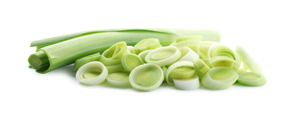 Whole and cut fresh leeks isolated on white