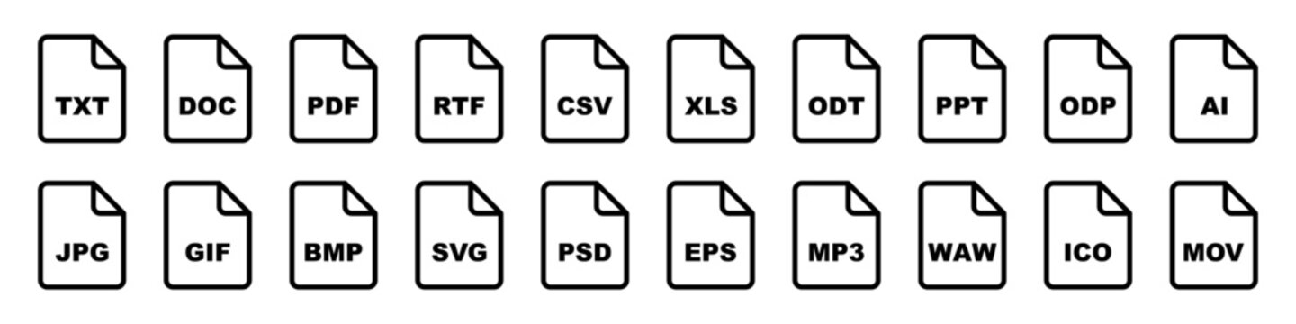 Black and white vector icons of various file formats, including text, image, audio, and document types.