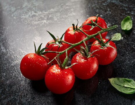 tomato cherry tomatoes fresh ripe natural little tomatoes close up organic tomato with leaves over black marble table background macro shot cooking concept ketchup pasta sauce ingredient