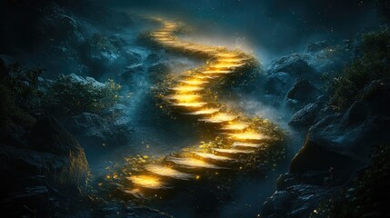 Obraz premium Illuminated path through night mountains, mystical stairway, leading to unknown