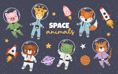 Cute animals astronauts in space set, with planets, stars and spaceships. Flat design  © ElenaVector44
