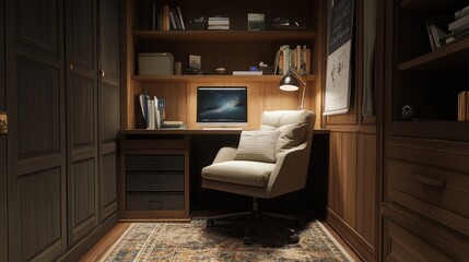 Cozy Home Office with Dark Wood Paneling and Comfortable Chair