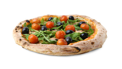 Tasty pizza with cherry tomatoes, black olives, mushrooms and arugula isolated on white