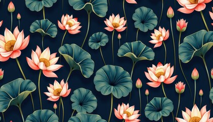 Wallpaper, illustration style, made of lotus flowers and leaves on deep navy blue background