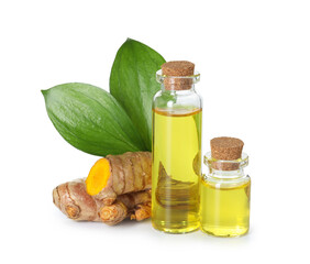 Bottles of turmeric essential oil, raw roots and leaves isolated on white