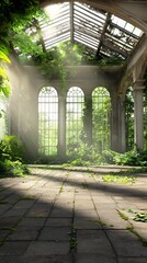 Overgrown greenhouse, sunlight, nature reclaiming.  Post-apocalyptic setting, video game background