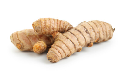 Three fresh turmeric roots isolated on white