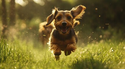 Dachshunds Running Through a Grassy Field