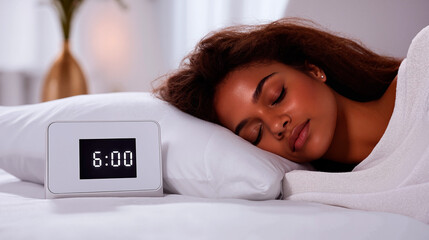 Woman sleeping peacefully at 6:00 AM in bed.