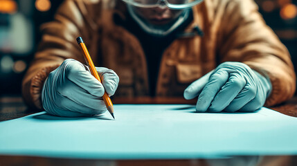 Fototapeta premium Scientist in mask writing notes in lab setting.