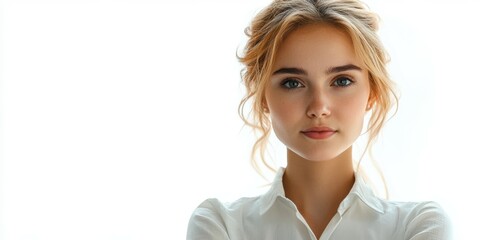 Young woman with a confident expression wearing a white shirt, posed against a bright background in a serene indoor setting
