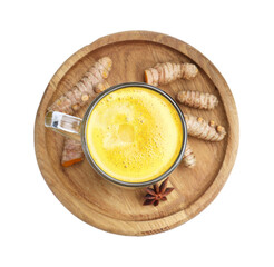 Delicious turmeric latte in glass cup, roots and anise star isolated on white, top view