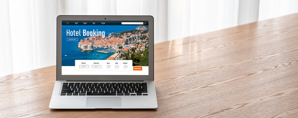 Online hotel accommodation booking website provide modish reservation system . Travel technology concept .