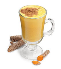 Delicious turmeric latte in glass cup and roots isolated on white