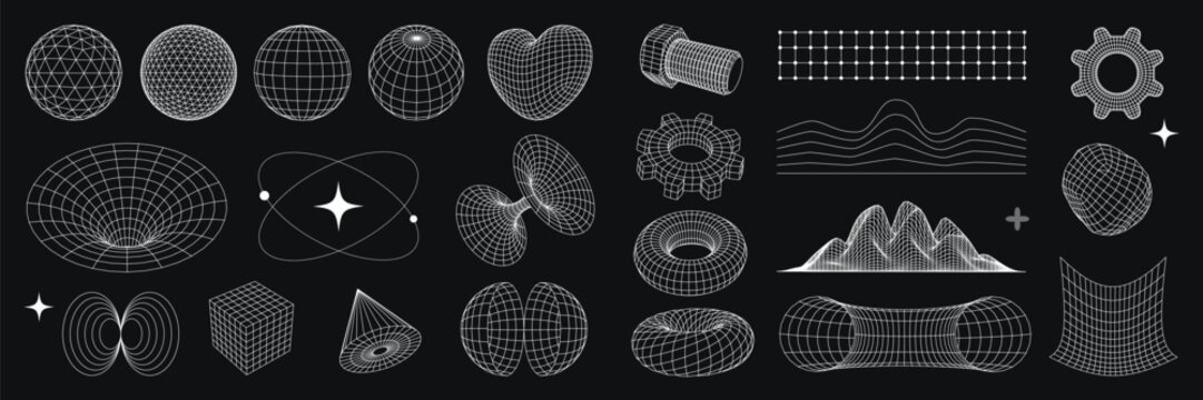 Futuristic 3D wireframe geometric shapes cyberpunk and psychedelic, sci-fi, Y2K icons set. Vector design elements on dark background.