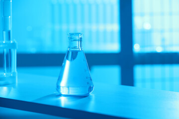 Conical flask with blue liquid on table indoors, color toned effect. Space for text