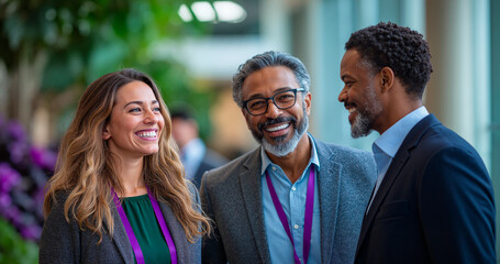 Three smiling people talking at an outdoor event