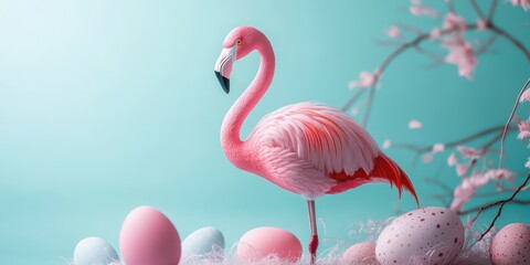 Flamingo stands beside colorful eggs in a pastel setting during springtime celebration