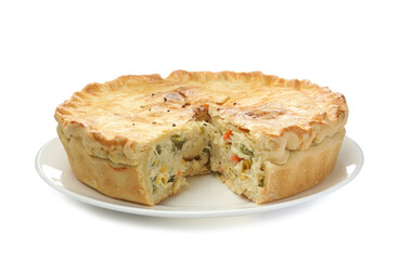 Tasty homemade pie with chicken and vegetables isolated on white
