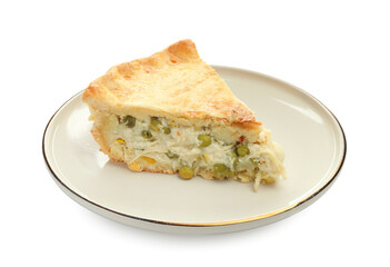Piece of tasty homemade pie with chicken and vegetables isolated on white