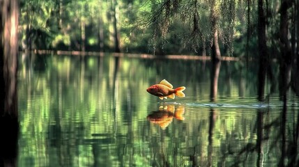  A  bear bobbing atop a serene lake surrounded by lush forest greenery on a bright sunny day