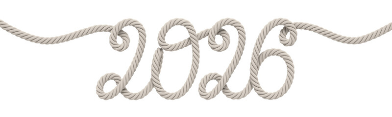 The rope is twisted in the shape of the year 2026. Stylish calligraphy of a handwritten inscription made of rope. 3D rendering