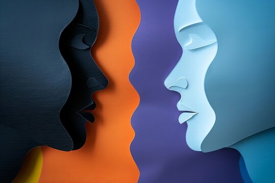 Two faces, one black and one white, overlapping in a paper cut style silhouette against a colorful background. The image symbolizes the complexity
