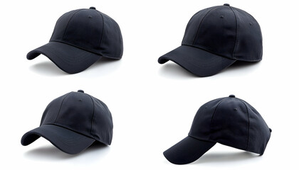 Blank black baseball cap hat shown from four different angles on a white background.