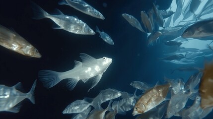 Obraz premium A school of fish swimming together on a dark blue sea filled with numerous small white fish