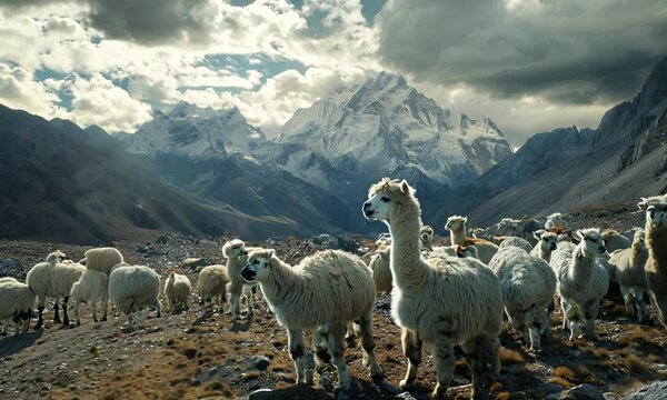 A herd of alpacas against the backdrop of picturesque highland scenery