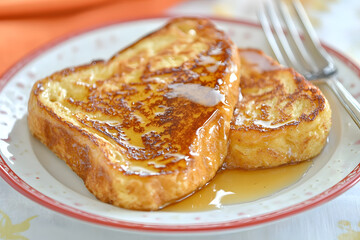Delicious French toast with syrup on a plate