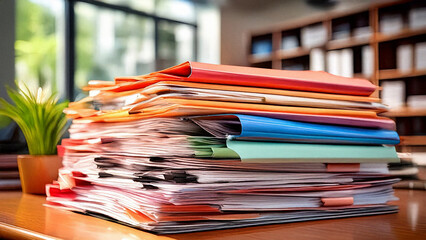 A neat, organized stack of business documents or folders with soft shadows, symbolizing order and professionalism in office work